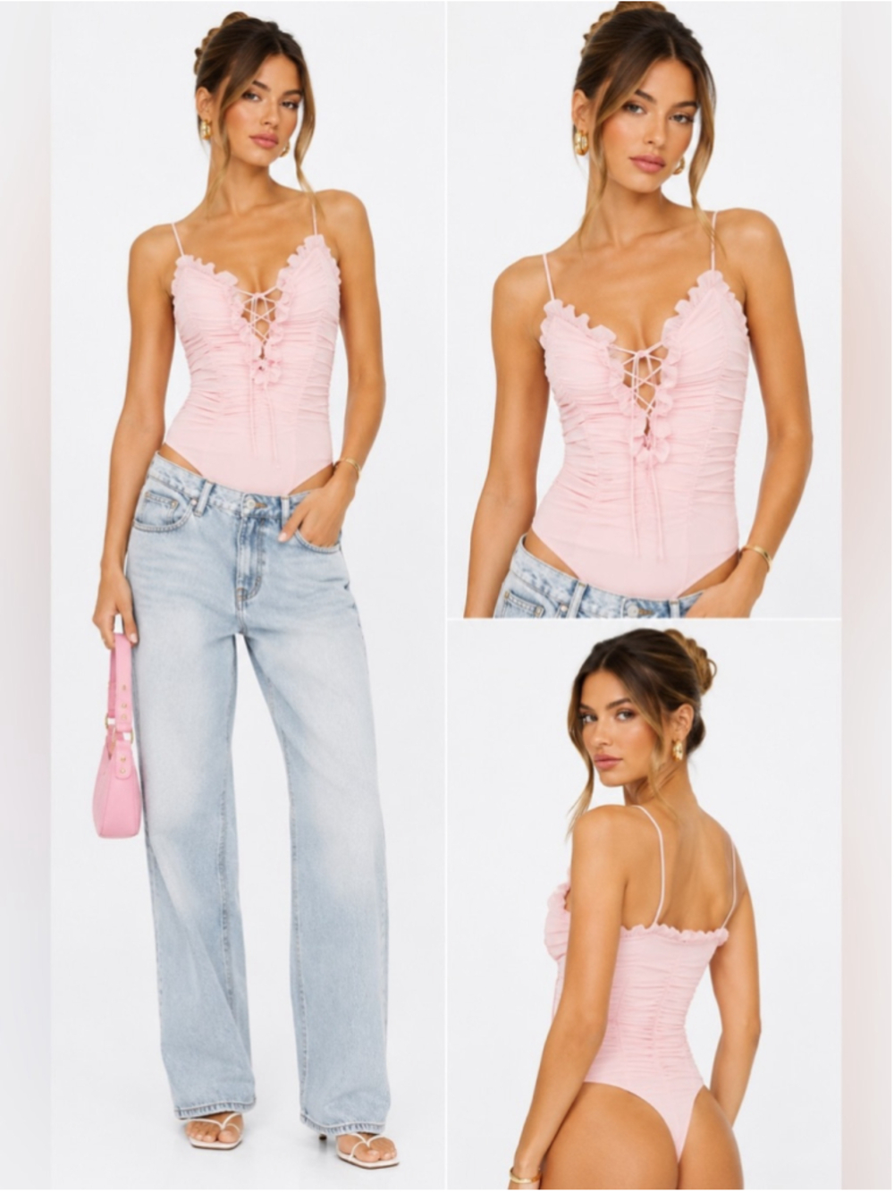 O.Vianca Pink Ruched Lace Up Bodysuit Small